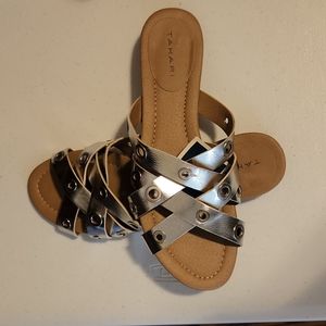 Women's Tahari silver flat sandals,  size 10